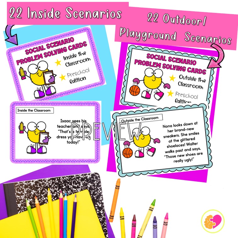 Social scenario task cards helping kindergarten students practise problem solving in classroom situations.