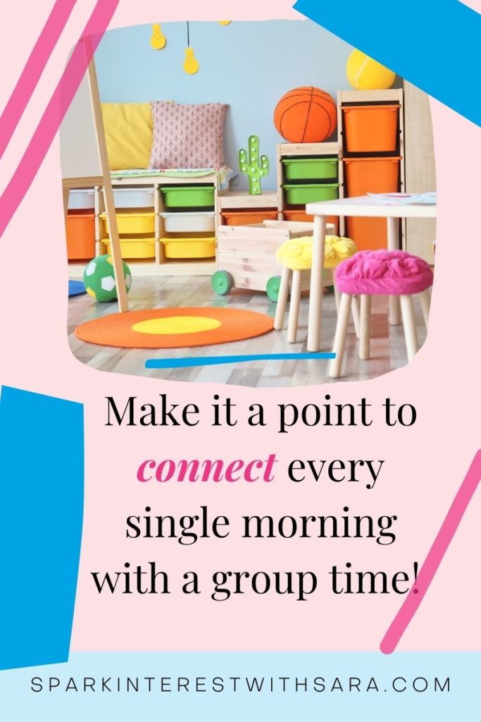 A classroom image and a reminder to connect everyday with your students using group times and friendship lessons for kids.