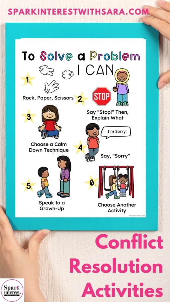 A classroom poster display showing ways to solve common preschool conflicts.