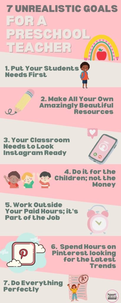 Infographic for 7 unrealistic goals for a preschool teacher teetering on burnout