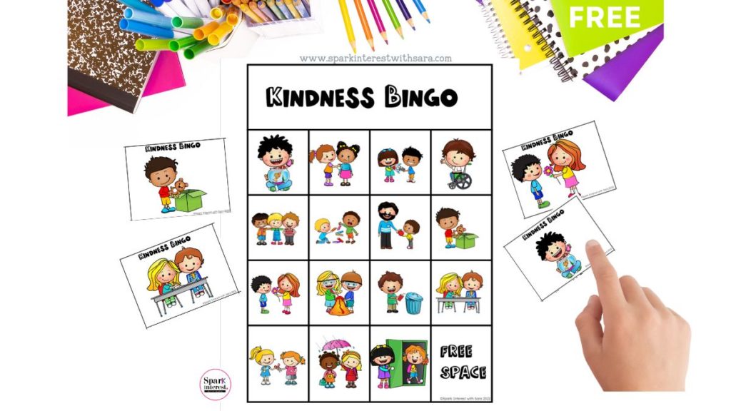 Image for a Kindness bingo resource for preschool, pre-k or kindergarten students