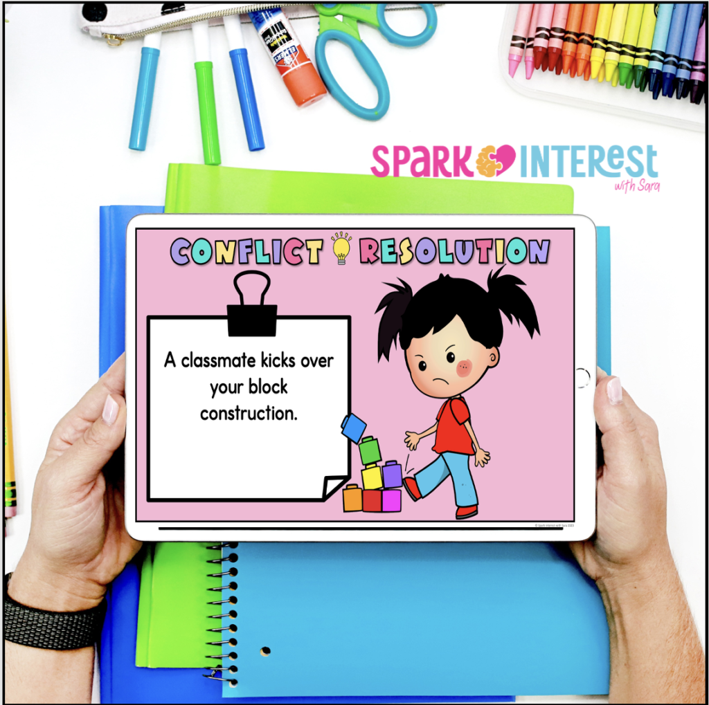 Image of conflict resolution scenarios on a tablet.